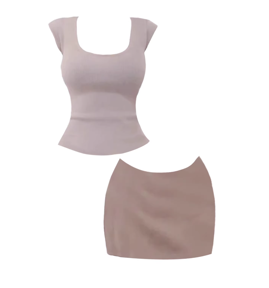 Wonderful Cinched-Waist Crop Top Bodycon Mini Dress Elegant Light Nude Square Neck Short-Sleeve Short Dress AP5253