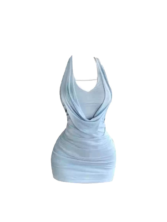 Amazing Figure-Hugging Draped Bodycon Mini Skirt Elegant Light Blue Cutout Halter Neck Short Dress AP5254