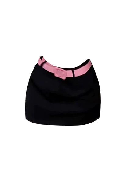 Appealing Pink Belt Button-Front 2-Piece Black Mini Dress Trendy Pink Sleeveless V-Neck Tank Bodycon Short Dress AP5255