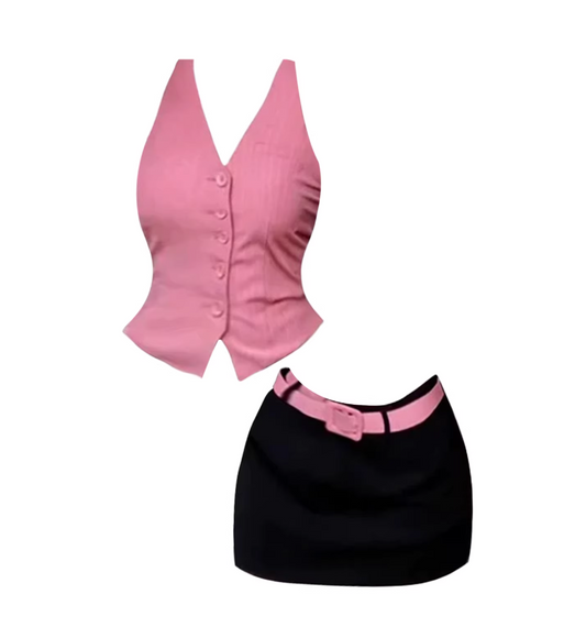 Appealing Pink Belt Button-Front 2-Piece Black Mini Dress Trendy Pink Sleeveless V-Neck Tank Bodycon Short Dress AP5255