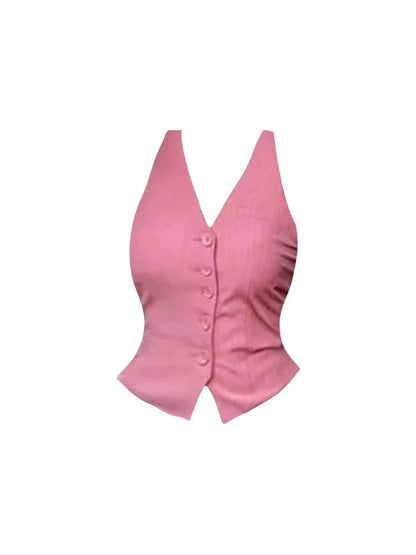 Appealing Pink Belt Button-Front 2-Piece Black Mini Dress Trendy Pink Sleeveless V-Neck Tank Bodycon Short Dress AP5255