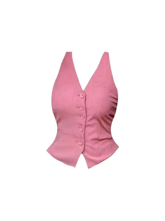 Appealing Pink Belt Button-Front 2-Piece Black Mini Dress Trendy Pink Sleeveless V-Neck Tank Bodycon Short Dress AP5255