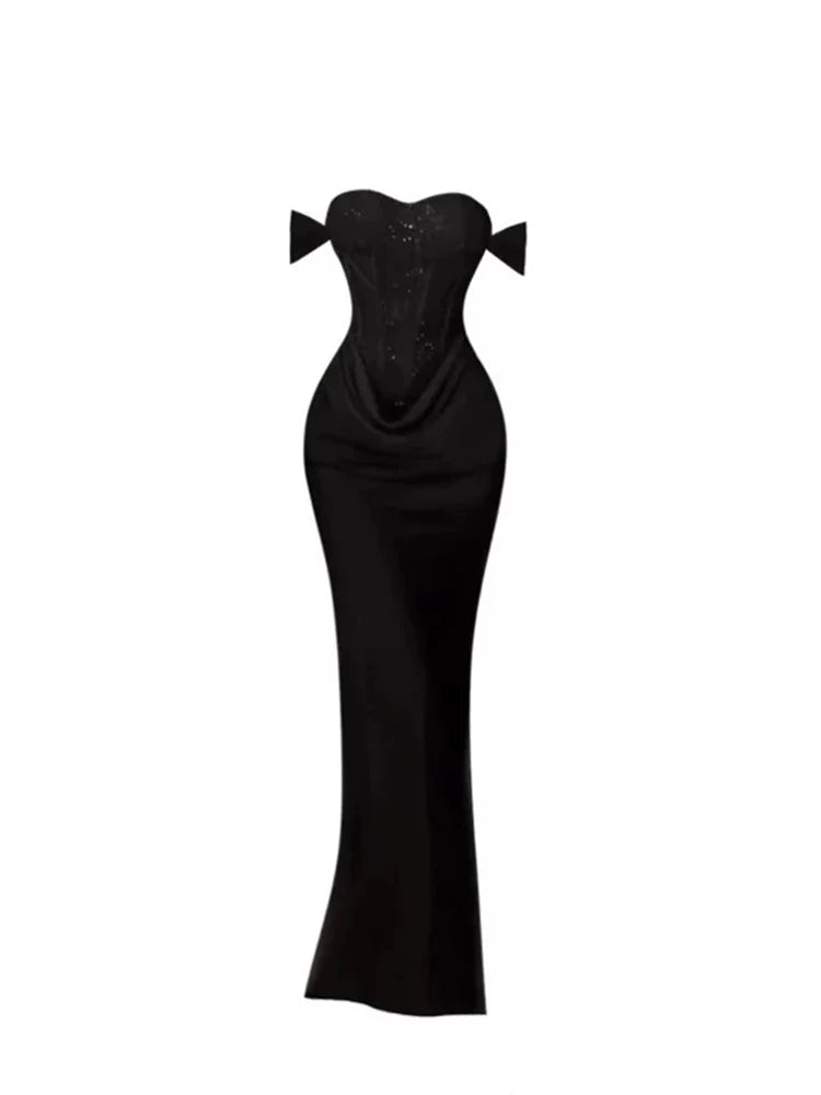 Fascinating Sequin-Accented Off-Shoulder Sheath Maxi Dresses Trendy Evening Outings Black Sweetheart Neck Long Dress AP5256