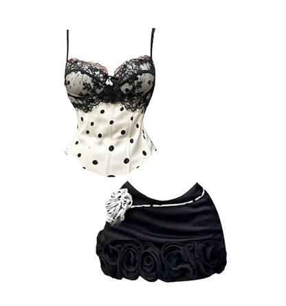 Splendid 2-Piece Set Lace Polka Dots Top Bodycon Ruffled Mini Skirt Fashionable Black Spaghetti Strap Floral Applique Short Dress AP5257