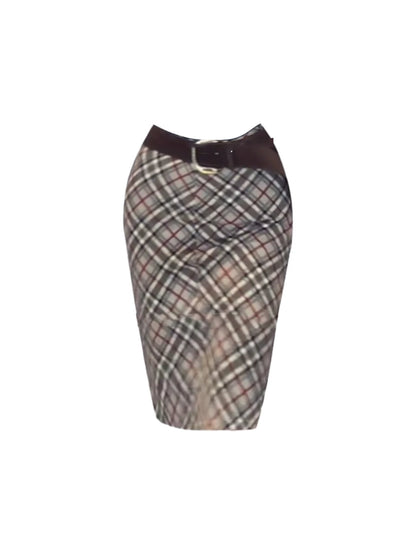 Enticing Sleeveless Dark Belt High-Collar 2-Piece Plaid Pencil Midi Dress Chic Turtleneck Slate Blue Crop Top Bodycon Long Dress AP5258