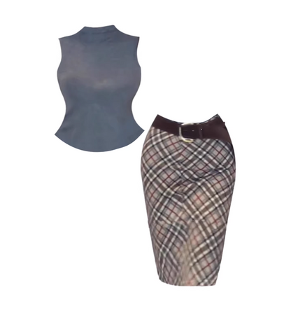 Enticing Sleeveless Dark Belt High-Collar 2-Piece Plaid Pencil Midi Dress Chic Turtleneck Slate Blue Crop Top Bodycon Long Dress AP5258