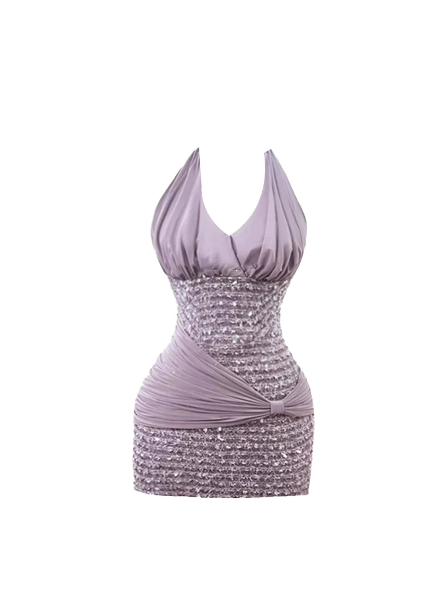 Shiny Lavender Halter V-Neck Fitted Mini Dress Vogue Sequin Embellishments Ruched Details Bodycon Short Dress AP5259