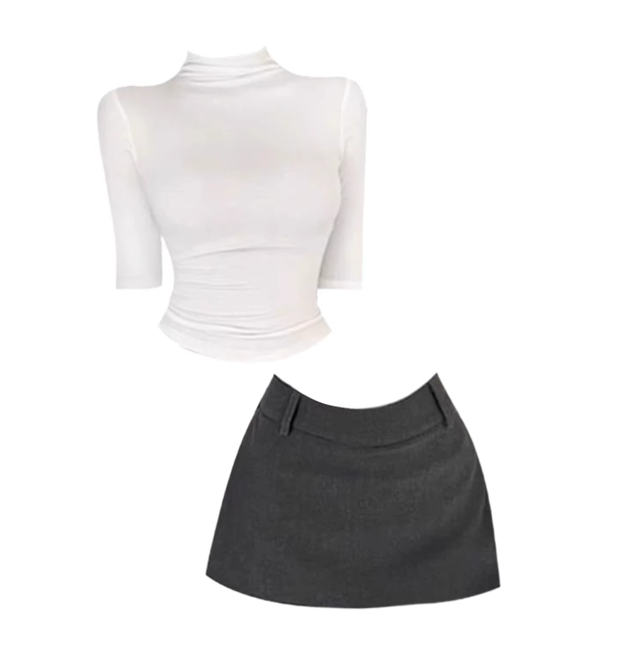 Avant-Garde Long Sleeve 2-Piece Dark Gray Mini Skirt Simple White Turtleneck Fitted Crop Top A-Line Short Dress AP5260