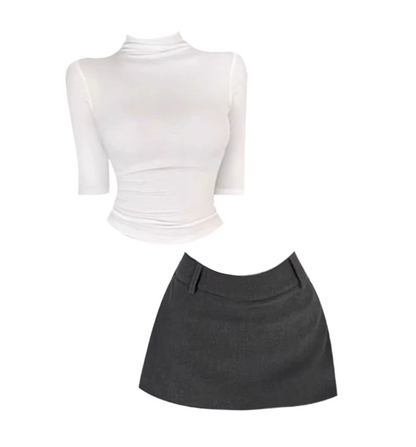 Avant-Garde Long Sleeve 2-Piece Dark Gray Mini Skirt Simple White Turtleneck Fitted Crop Top A-Line Short Dress AP5260