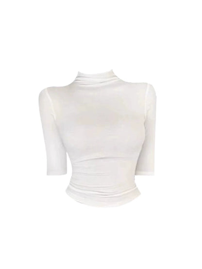 Avant-Garde Long Sleeve 2-Piece Dark Gray Mini Skirt Simple White Turtleneck Fitted Crop Top A-Line Short Dress AP5260