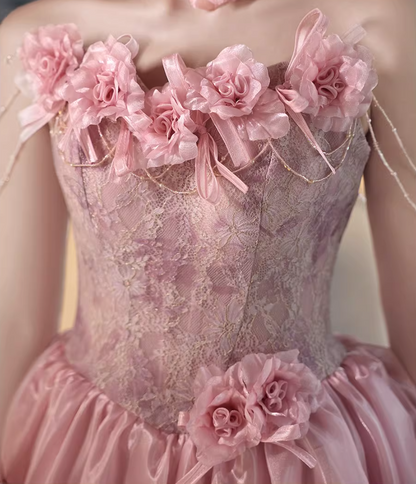 Eye-Catching Pink Off-Shoulder A-Line Sweet 16th Dresses Bow Lace Beading Appliques Prom Dress AP5261