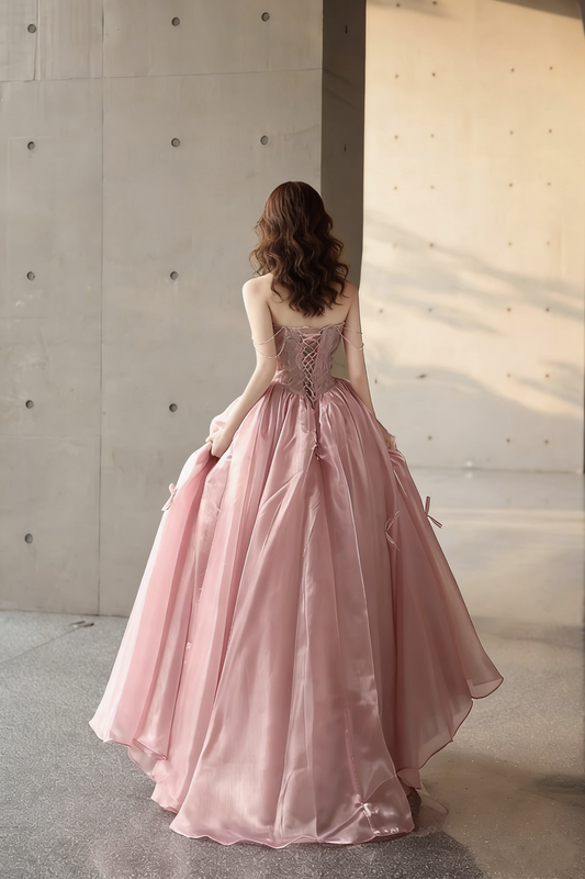 Eye-Catching Pink Off-Shoulder A-Line Sweet 16th Dresses Bow Lace Beading Appliques Prom Dress AP5261