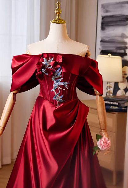 Fresh Off-Shoulder Red A-Line Sweet 16th Dresses Sequins Beads 3D Appliques Prom Dress AP5262