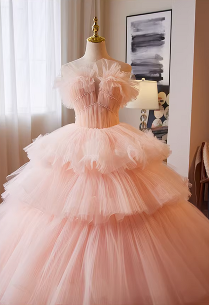 Voluminous Strapless Pink Tulle A-Line Sweet 16th Gowns Sequins Beading Prom Dress AP5263