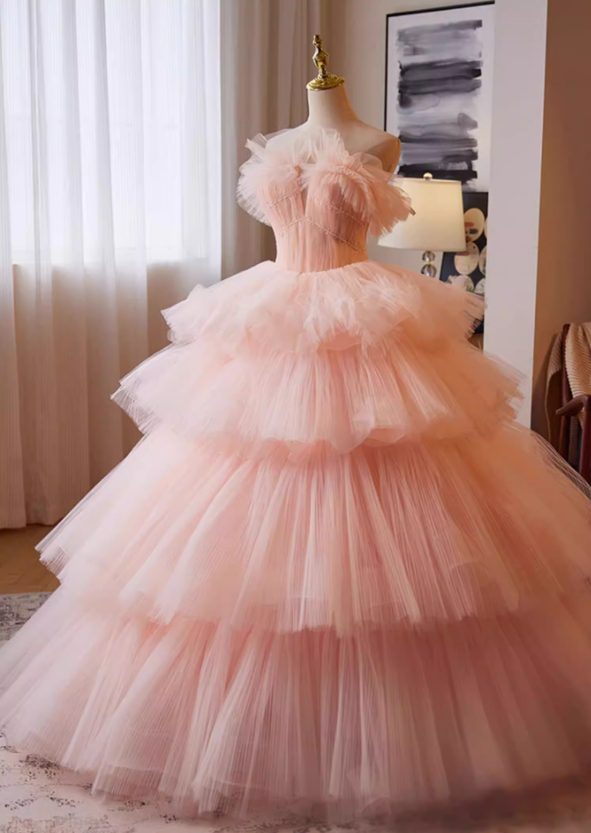 Voluminous Strapless Pink Tulle A-Line Sweet 16th Gowns Sequins Beading Prom Dress AP5263