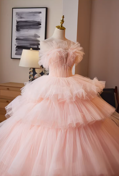 Voluminous Strapless Pink Tulle A-Line Sweet 16th Gowns Sequins Beading Prom Dress AP5263