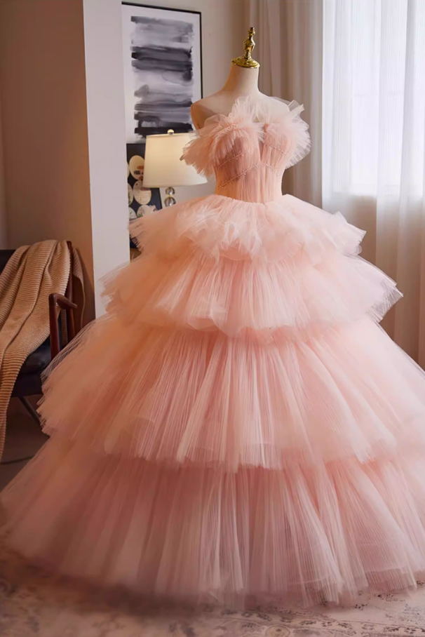 Voluminous Strapless Pink Tulle A-Line Sweet 16th Gowns Sequins Beading Prom Dress AP5263