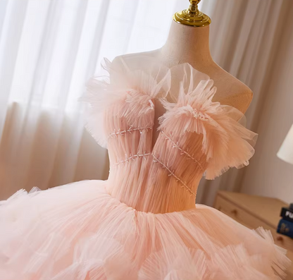 Voluminous Strapless Pink Tulle A-Line Sweet 16th Gowns Sequins Beading Prom Dress AP5263