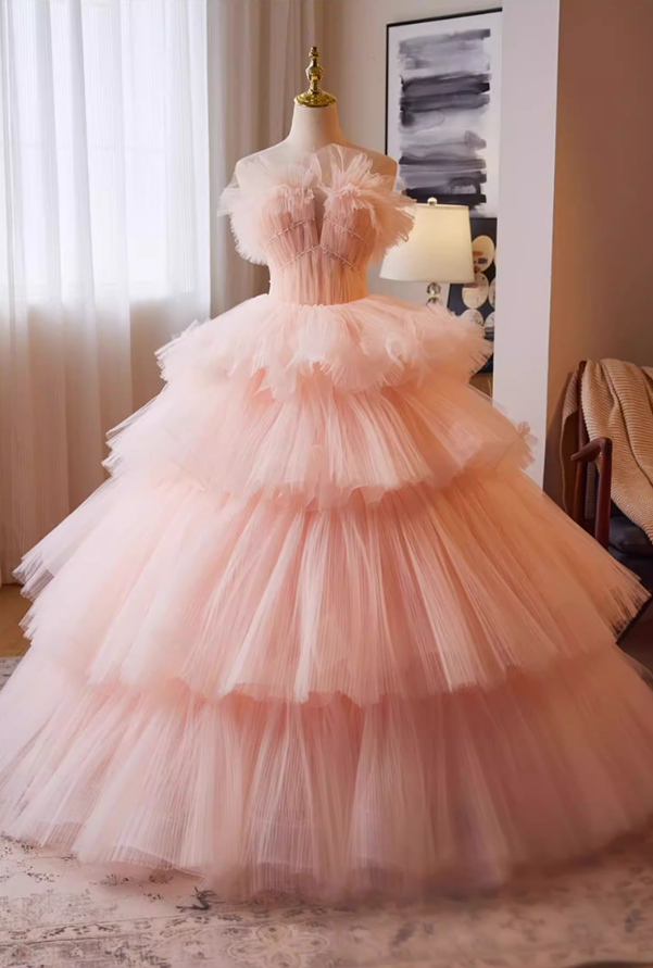 Voluminous Strapless Pink Tulle A-Line Sweet 16th Gowns Sequins Beading Prom Dress AP5263