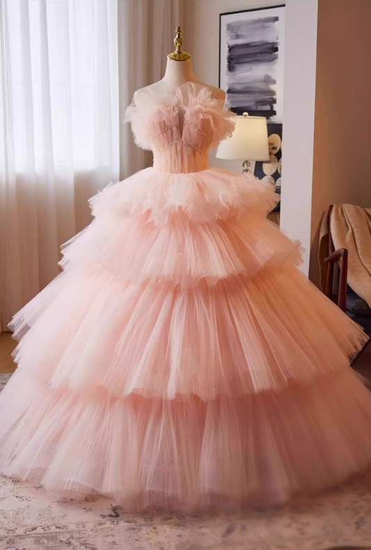 Voluminous Strapless Pink Tulle A-Line Sweet 16th Gowns Sequins Beading Prom Dress AP5263
