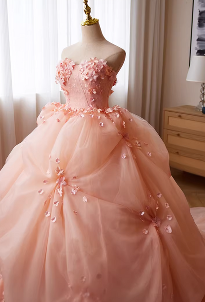 Sleek Strapless A-Line Sweet 16th Gowns Appliques Beads Lace Prom Dress AP5265