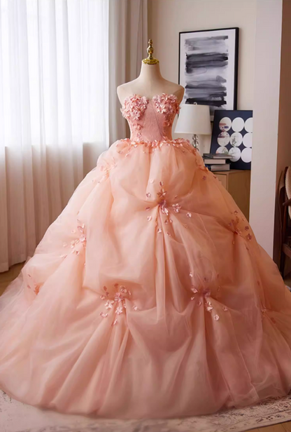 Sleek Strapless A-Line Sweet 16th Gowns Appliques Beads Lace Prom Dress AP5265