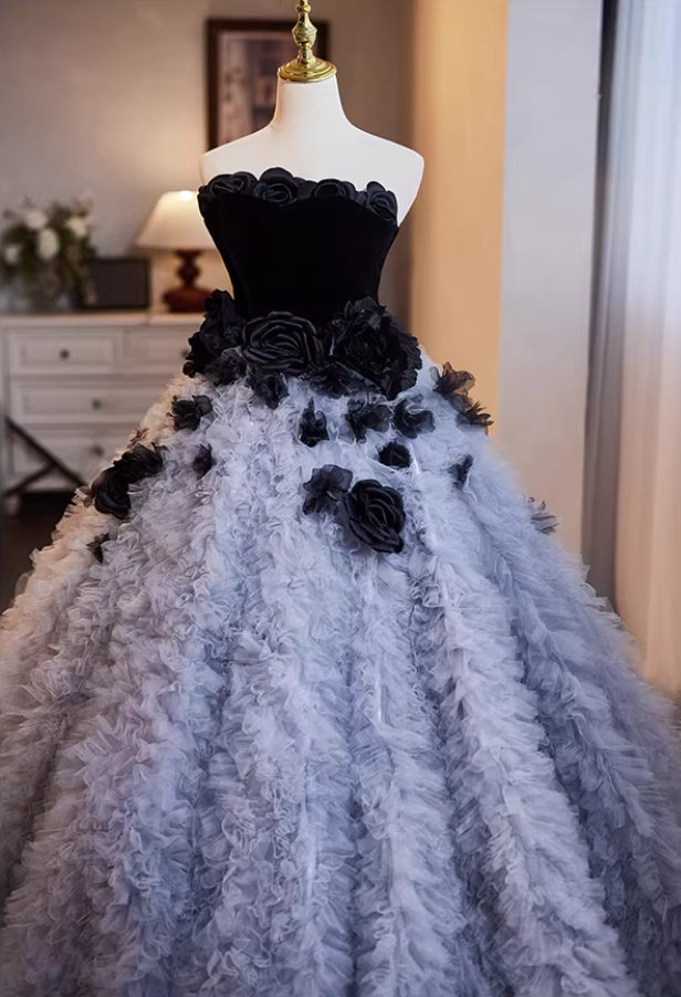 Romantic Strapless Ruffles Tulle A-Line Sweet 16th Gowns Handmade Flowers Prom Dress AP5267