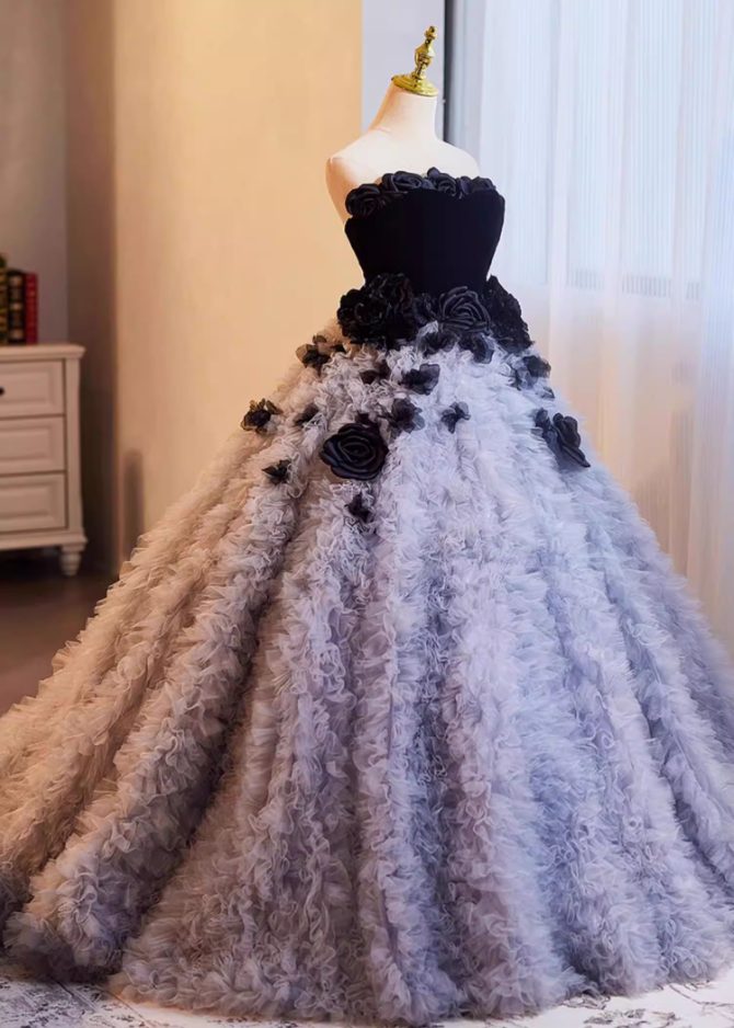 Romantic Strapless Ruffles Tulle A-Line Sweet 16th Gowns Handmade Flowers Prom Dress AP5267