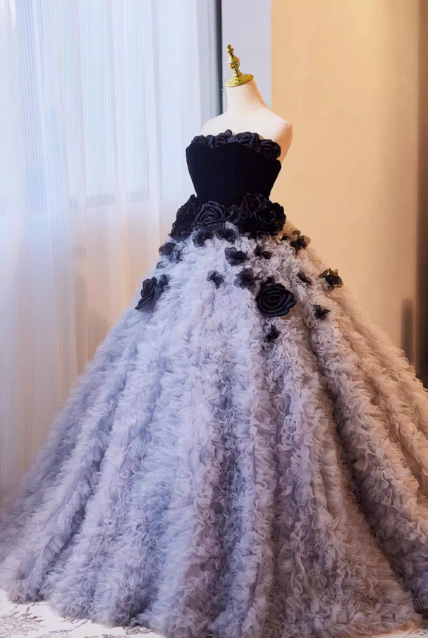 Romantic Strapless Ruffles Tulle A-Line Sweet 16th Gowns Handmade Flowers Prom Dress AP5267