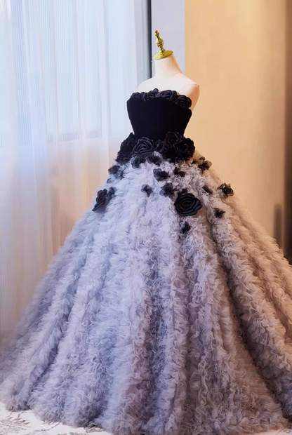 Romantic Strapless Ruffles Tulle A-Line Sweet 16th Gowns Handmade Flowers Prom Dress AP5267