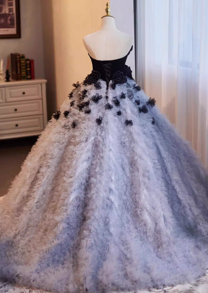 Romantic Strapless Ruffles Tulle A-Line Sweet 16th Gowns Handmade Flowers Prom Dress AP5267