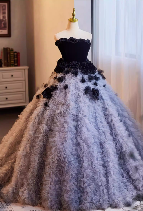 Romantic Strapless Ruffles Tulle A-Line Sweet 16th Gowns Handmade Flowers Prom Dress AP5267