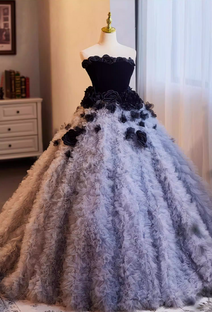 Romantic Strapless Ruffles Tulle A-Line Sweet 16th Gowns Handmade Flowers Prom Dress AP5267