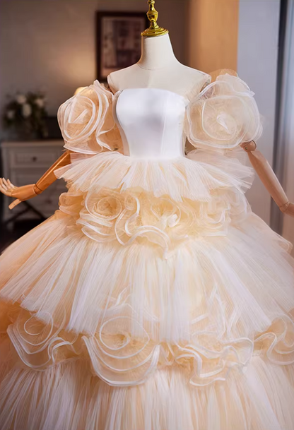 Ornate Off-Shoulder A-Line Tiered Tulle Sweet 16th Dresses Handmade Flowers Prom Dress AP5268