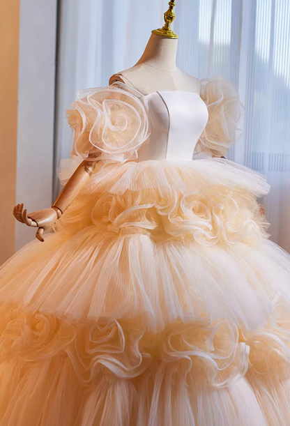 Ornate Off-Shoulder A-Line Tiered Tulle Sweet 16th Dresses Handmade Flowers Prom Dress AP5268