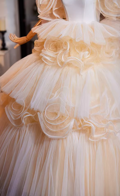 Ornate Off-Shoulder A-Line Tiered Tulle Sweet 16th Dresses Handmade Flowers Prom Dress AP5268