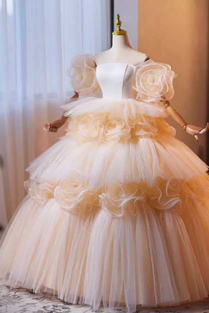 Ornate Off-Shoulder A-Line Tiered Tulle Sweet 16th Dresses Handmade Flowers Prom Dress AP5268