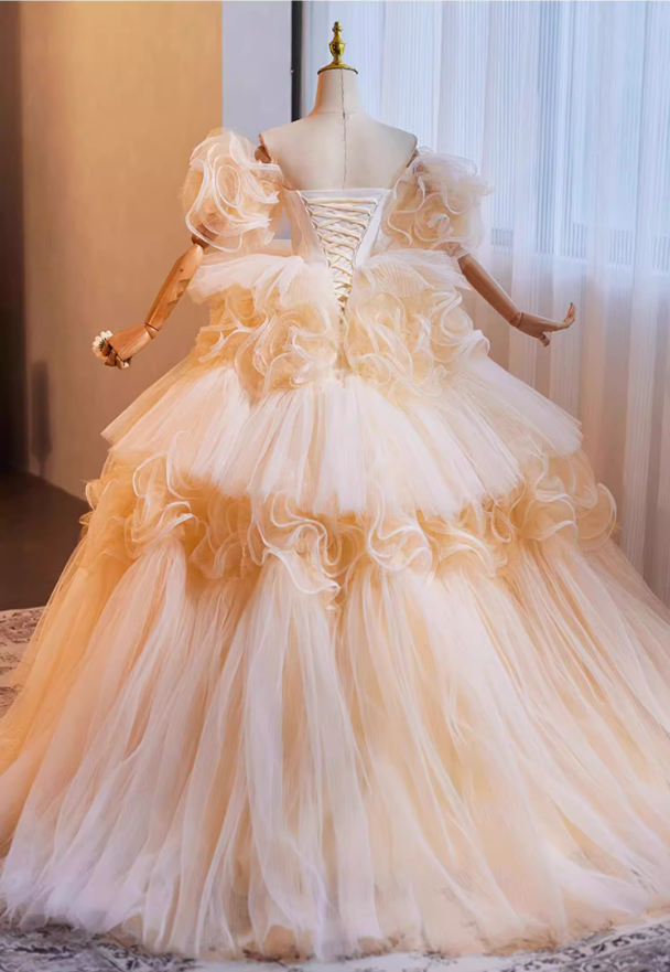 Ornate Off-Shoulder A-Line Tiered Tulle Sweet 16th Dresses Handmade Flowers Prom Dress AP5268