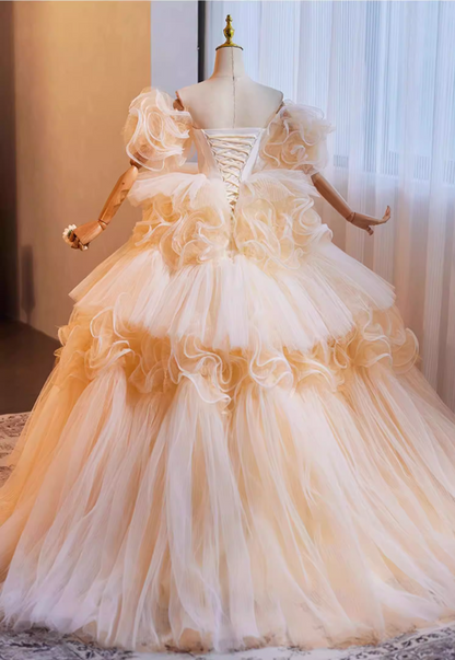 Ornate Off-Shoulder A-Line Tiered Tulle Sweet 16th Dresses Handmade Flowers Prom Dress AP5268