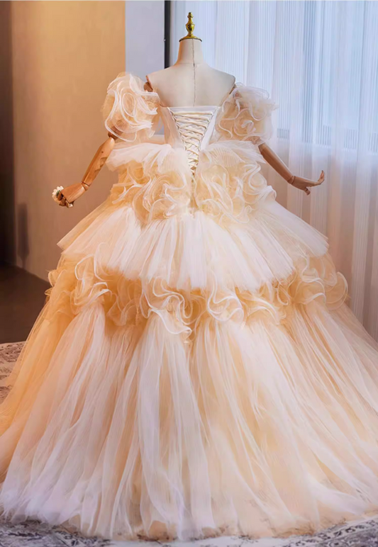 Ornate Off-Shoulder A-Line Tiered Tulle Sweet 16th Dresses Handmade Flowers Prom Dress AP5268