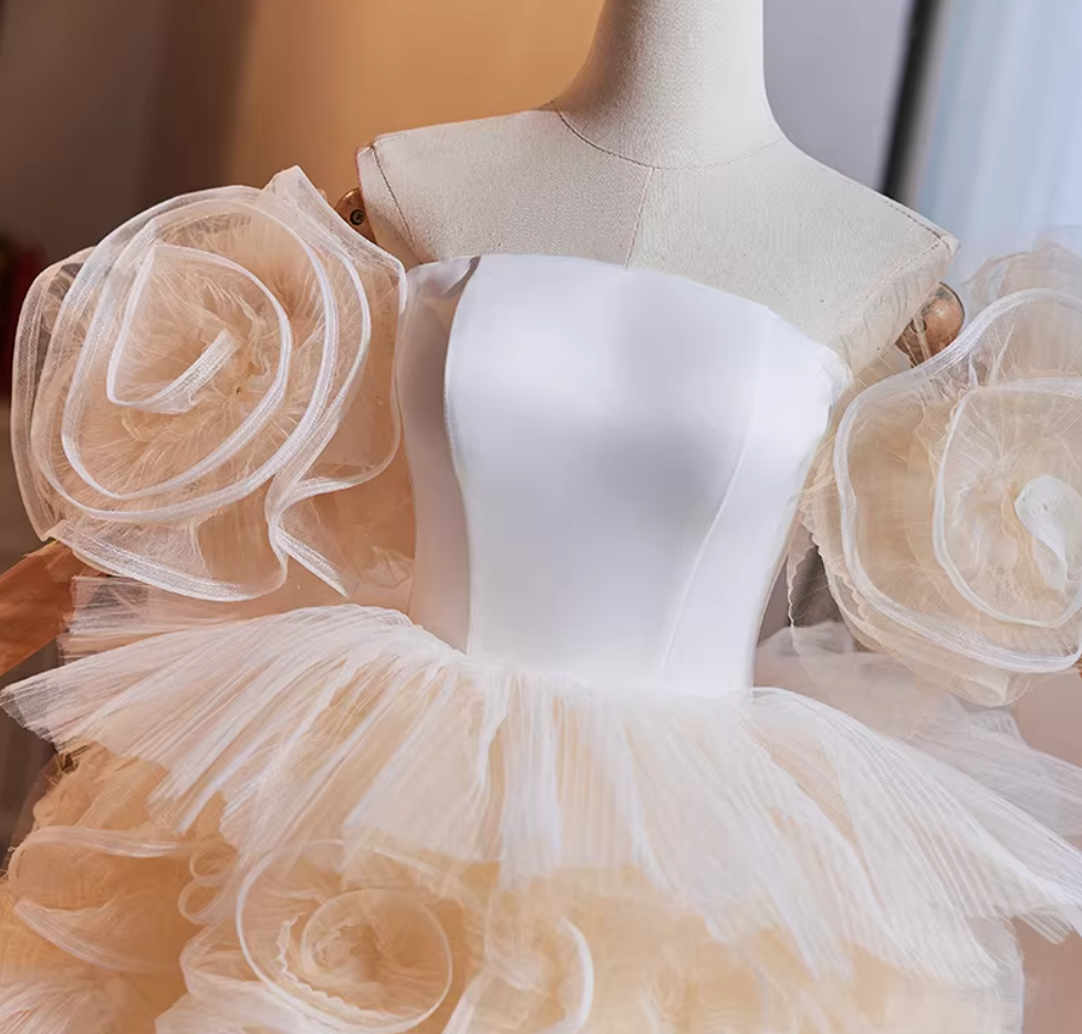 Ornate Off-Shoulder A-Line Tiered Tulle Sweet 16th Dresses Handmade Flowers Prom Dress AP5268