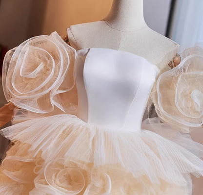 Ornate Off-Shoulder A-Line Tiered Tulle Sweet 16th Dresses Handmade Flowers Prom Dress AP5268