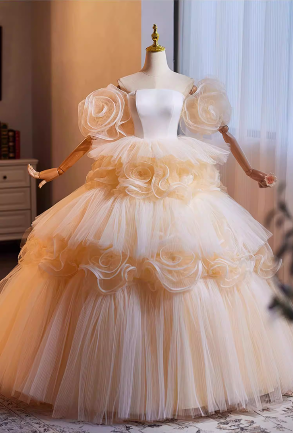 Ornate Off-Shoulder A-Line Tiered Tulle Sweet 16th Dresses Handmade Flowers Prom Dress AP5268