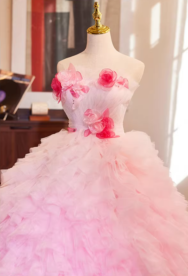 Fabulous Strapless A-Line Ruffles Tulle Sweet 16th Gowns Appliques Beads Prom Dress AP5269