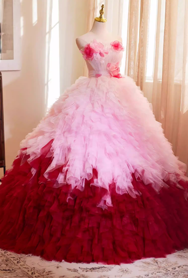 Fabulous Strapless A-Line Ruffles Tulle Sweet 16th Gowns Appliques Beads Prom Dress AP5269