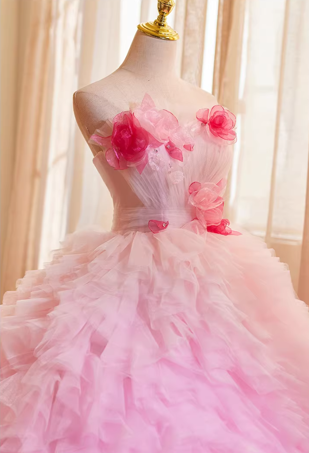 Fabulous Strapless A-Line Ruffles Tulle Sweet 16th Gowns Appliques Beads Prom Dress AP5269