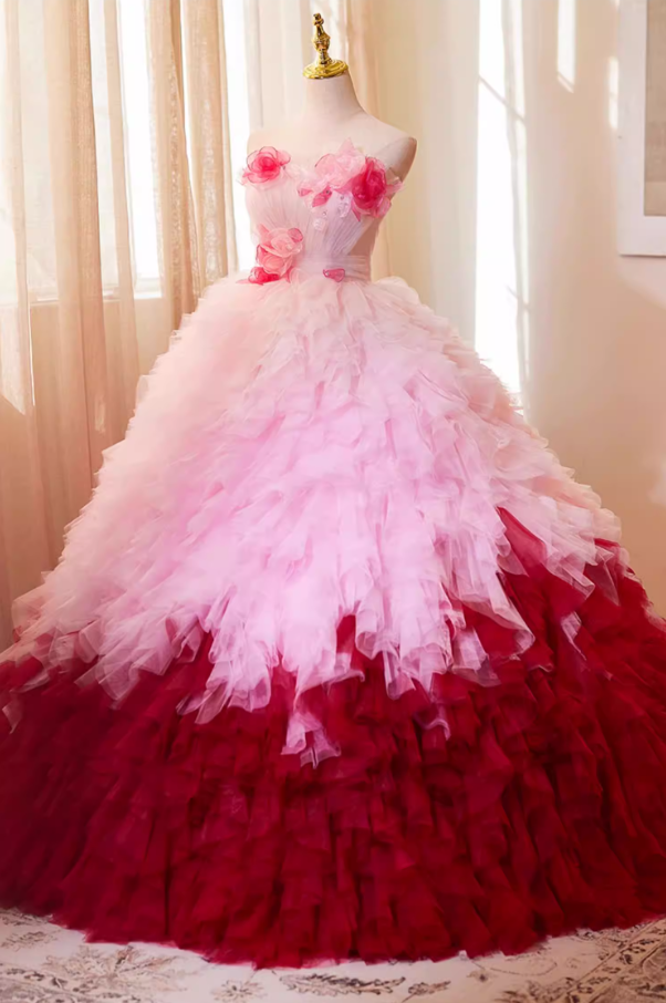 Fabulous Strapless A-Line Ruffles Tulle Sweet 16th Gowns Appliques Beads Prom Dress AP5269