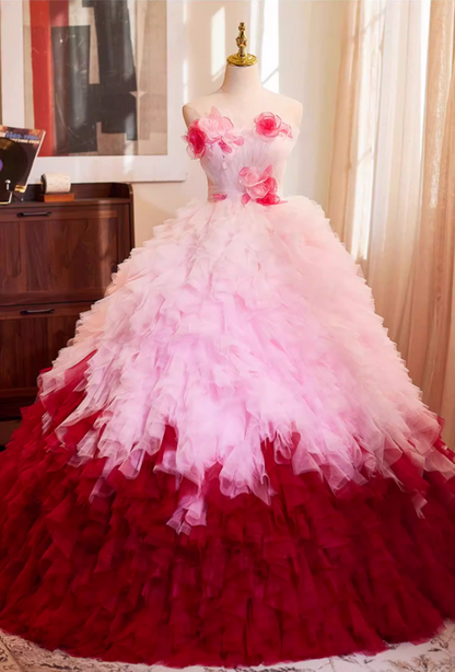 Fabulous Strapless A-Line Ruffles Tulle Sweet 16th Gowns Appliques Beads Prom Dress AP5269