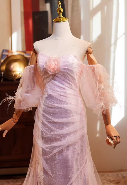 Chic Off-Shoulder Tulle Evening Mermaid Gowns Sequins 3D Flower Prom Dress AP5270