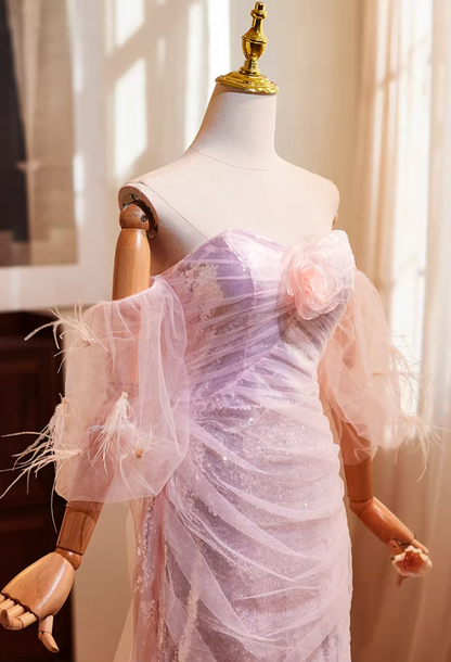 Chic Off-Shoulder Tulle Evening Mermaid Gowns Sequins 3D Flower Prom Dress AP5270